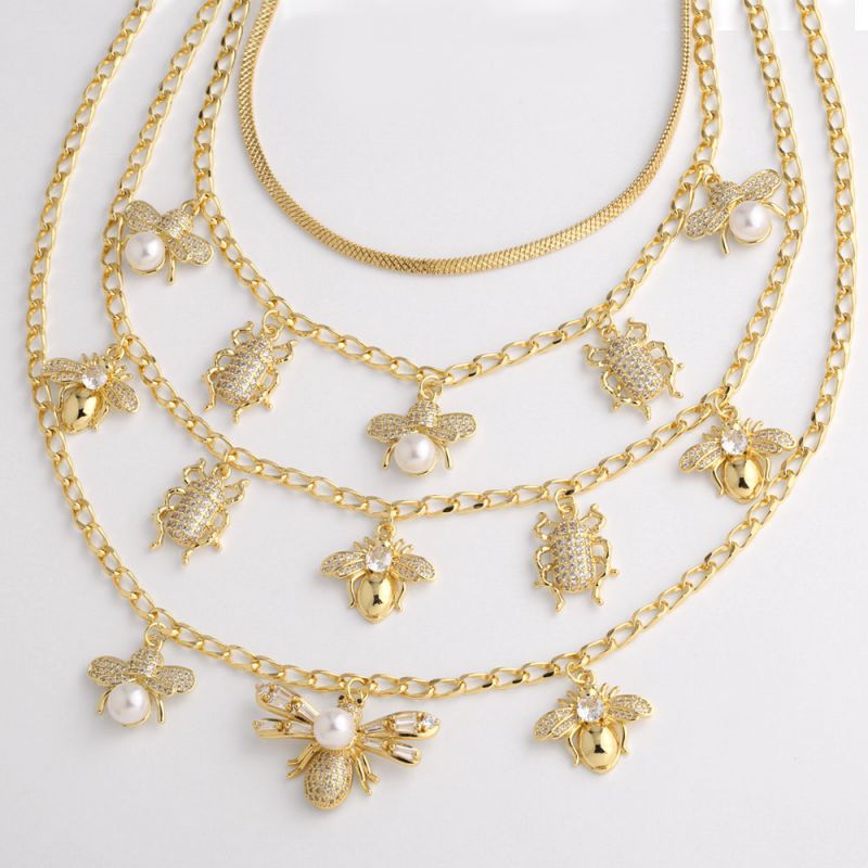 B Copper Gold-plated Diamond Insect Pendant Necklace