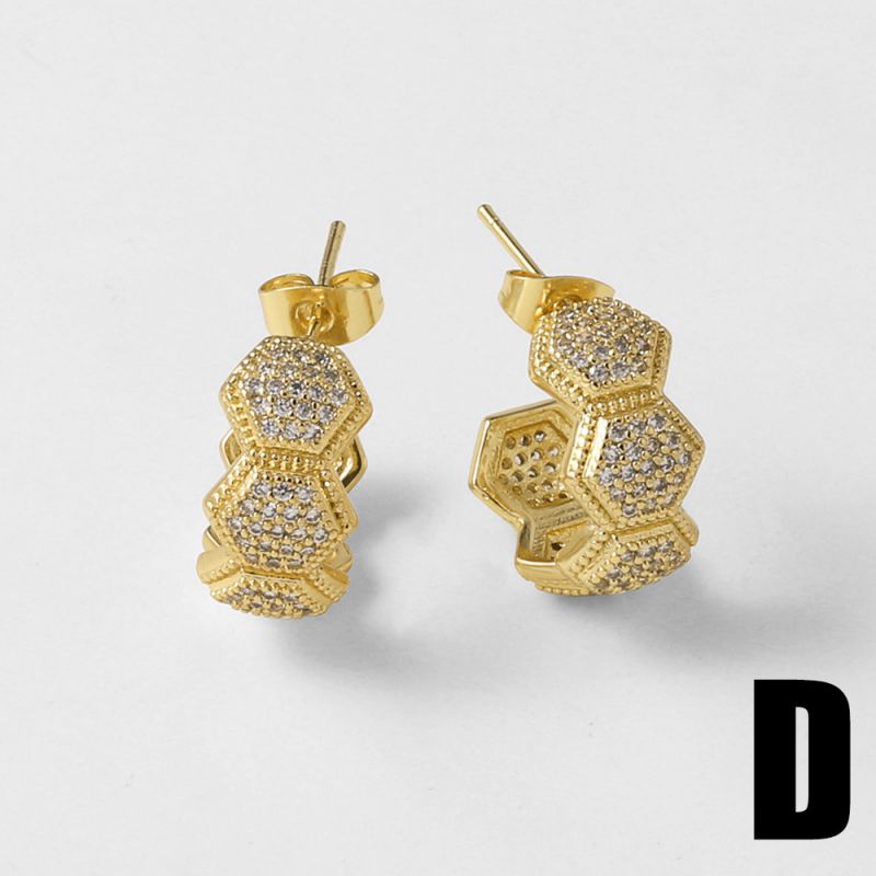 B Copper-gold-plated Diamond C-shaped Earrings