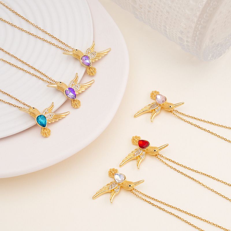 Bird Red Copper And Diamond Hummingbird Necklace