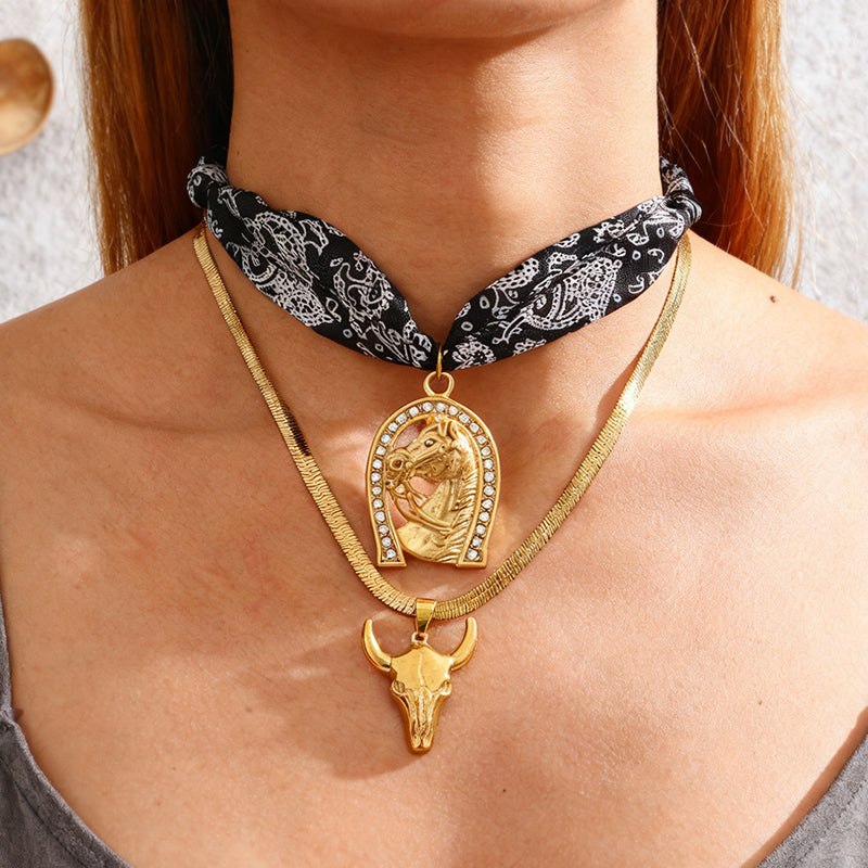 Black Titanium Steel Inlaid Zirconium Horse Head Printed Fabric Necklace