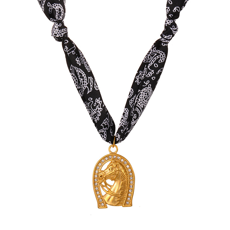 Black Titanium Steel Inlaid Zirconium Horse Head Printed Fabric Necklace