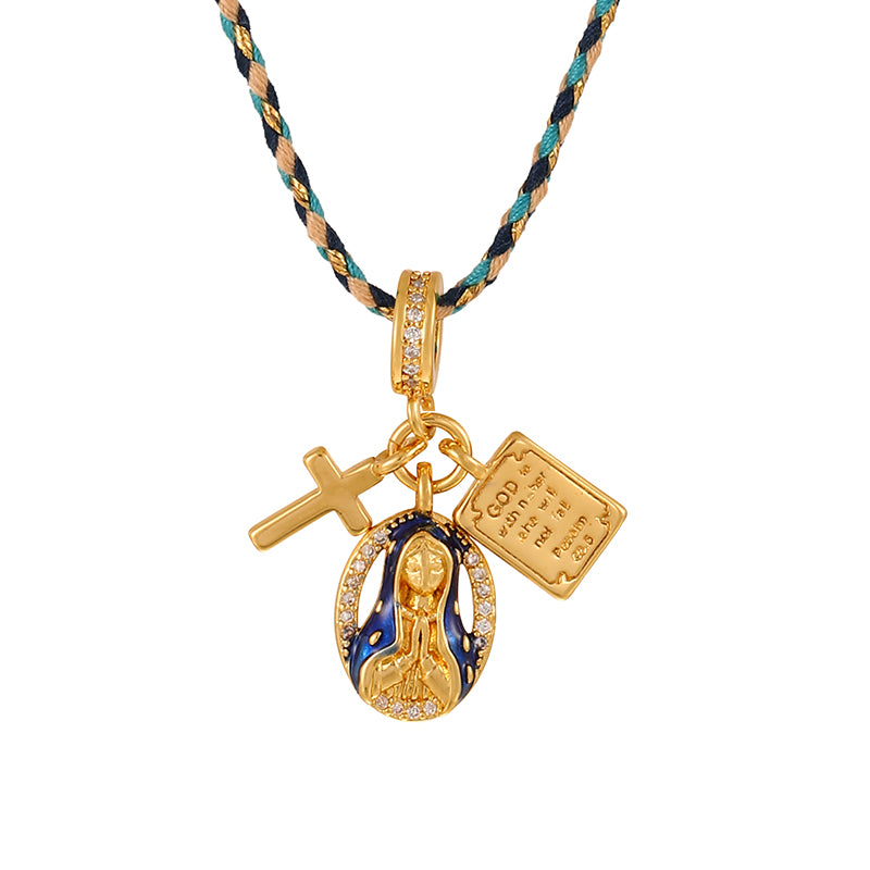 Blue 2 Copper Inlaid Zircon Oil Drip Irregular Pendant Braided Necklace