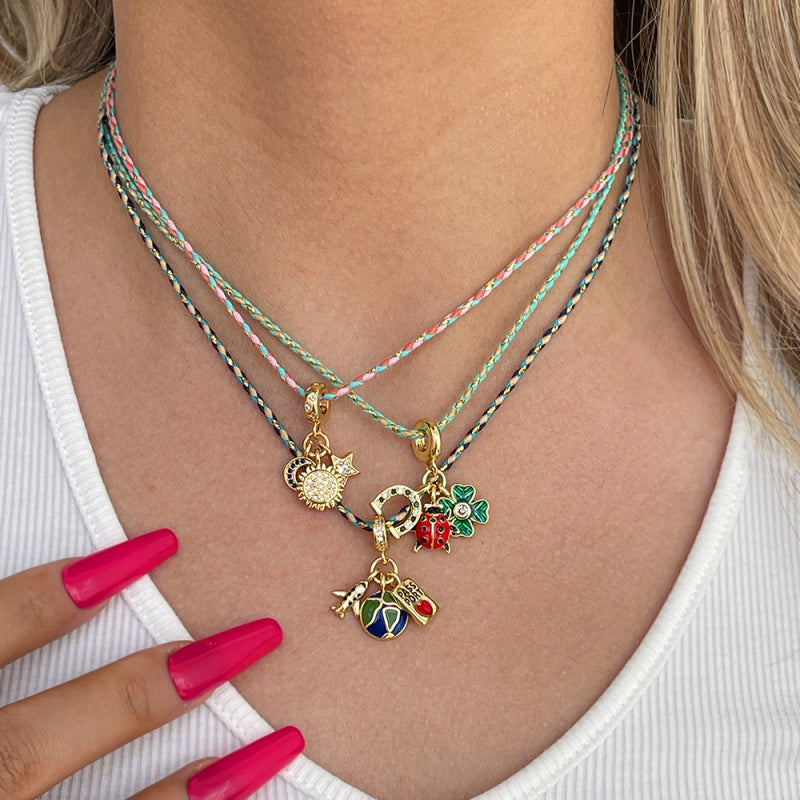 Blue 2 Copper Inlaid Zircon Oil Drip Irregular Pendant Braided Necklace