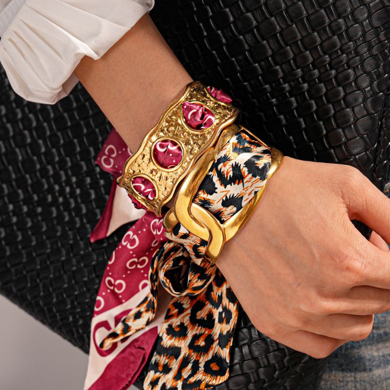 Bracelet-gold-brown Stainless Steel Chain And Fabric Leopard Print Wrap Open Bracelet