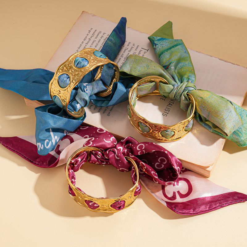 Bracelet-gold-red Stainless Steel Pleated Round Scarf Wrap Open Bracelet