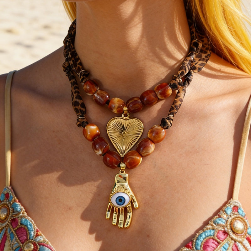 Brown 1 Titanium Steel Heart-shaped Resin Beaded Leopard Print Mesh Necklace