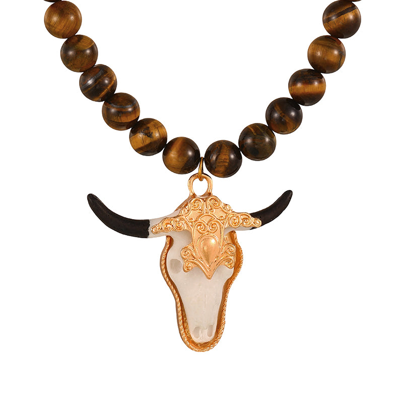 Brown Bull's Head Natural Stone Beaded Necklace