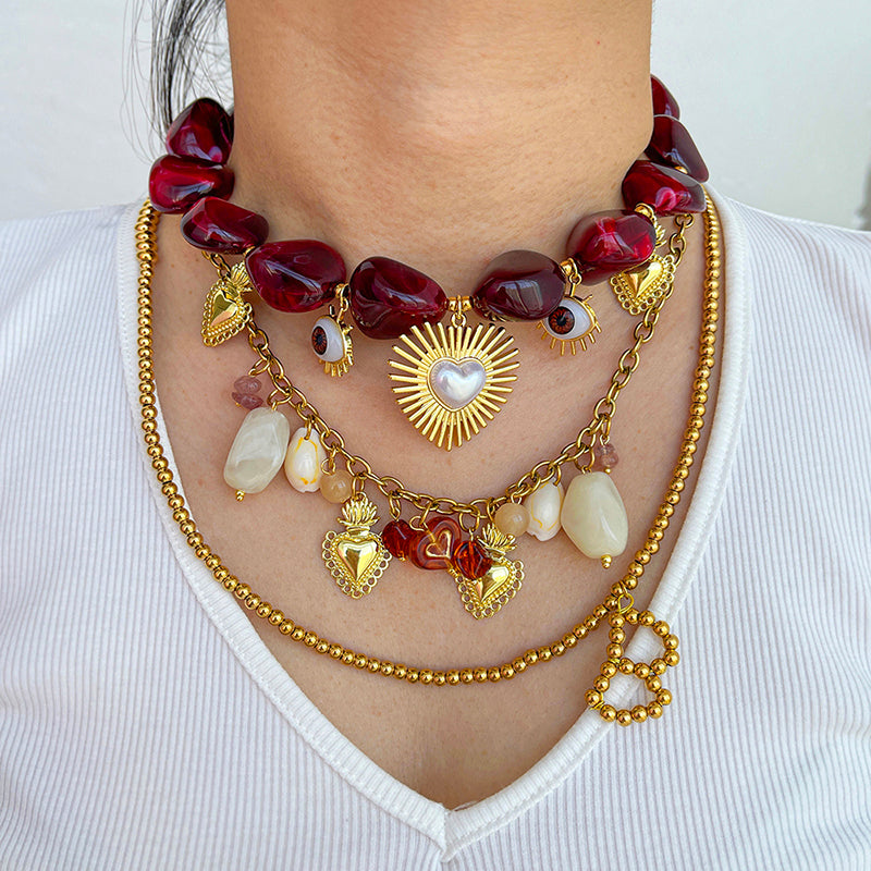 Claret Copper Heart Eyes Resin Beaded Necklace