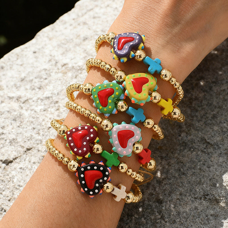 Color 1 Ceramic Dripping Color-blocked Heart Cross Beaded Braided Bracelet