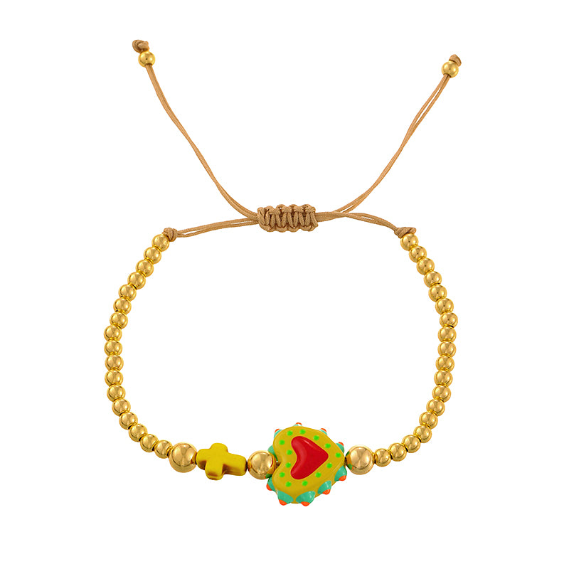 Color 1 Ceramic Dripping Color-blocked Heart Cross Beaded Braided Bracelet