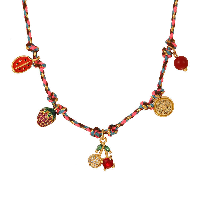 Color 1 Copper And Zircon Oil-dripping Cherry Braided Necklace
