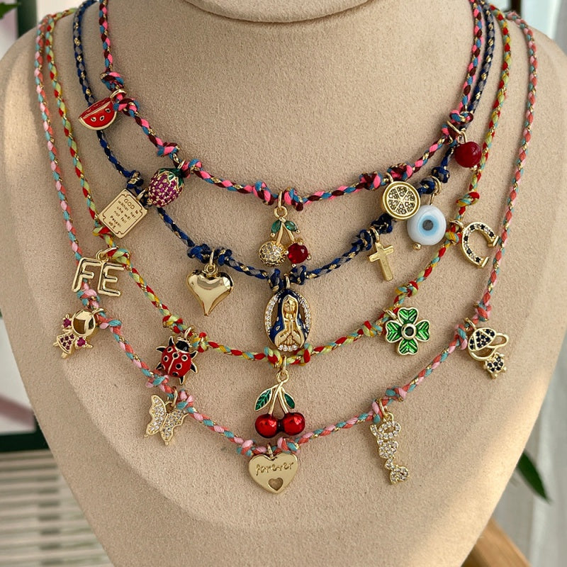 Color 1 Copper And Zircon Oil-dripping Cherry Braided Necklace