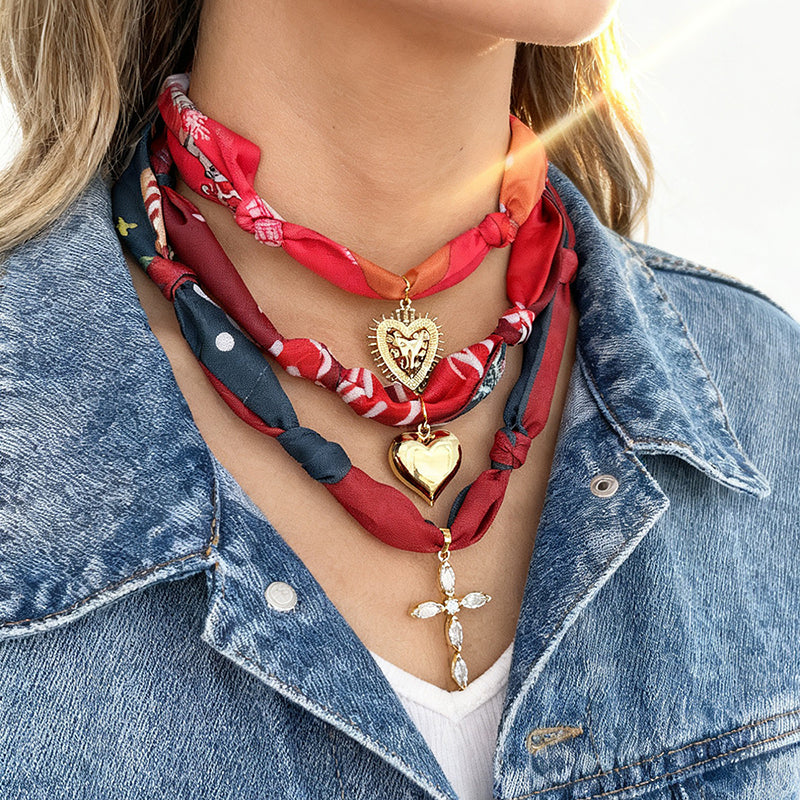 Color 1 Copper Heart Christmas Print Fabric Necklace