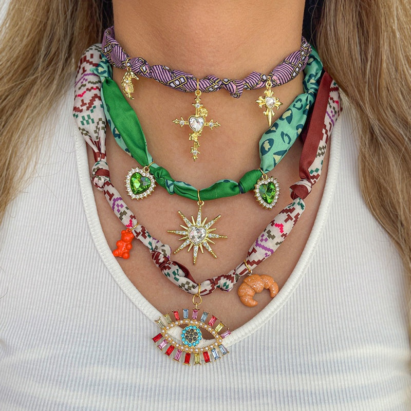 Color 1 Diamond-encrusted Bee Ceramic And Flower-print Fabric Necklace