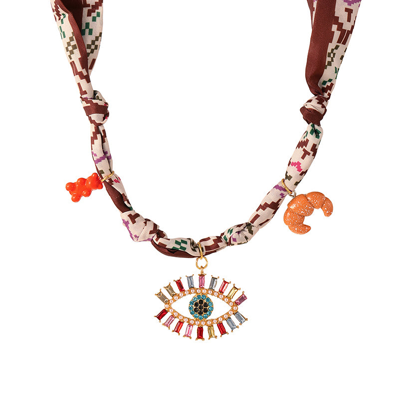 Color 1 Diamond-encrusted Bee Ceramic And Flower-print Fabric Necklace