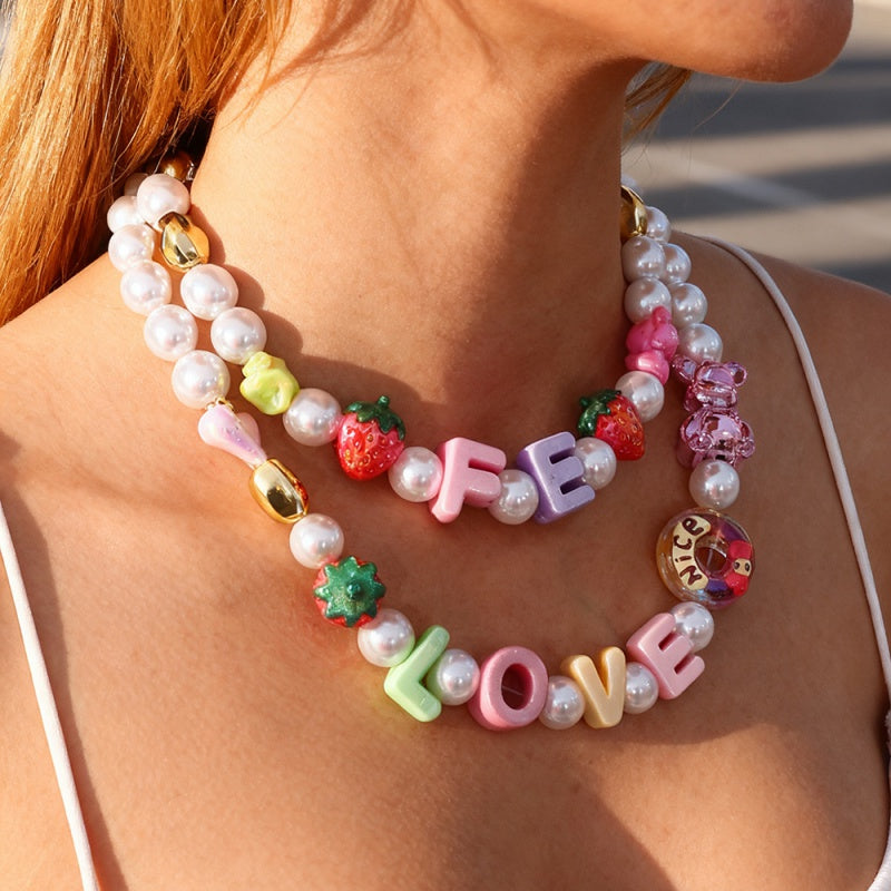 Color 1 Letter Love Donut Bear Faux Pearl Necklace