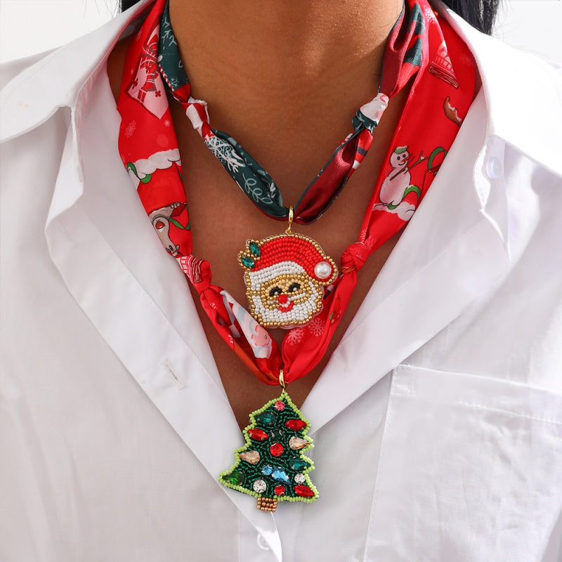 Color 1 Rice Bead Christmas Series Pendant Printed Fabric Necklace