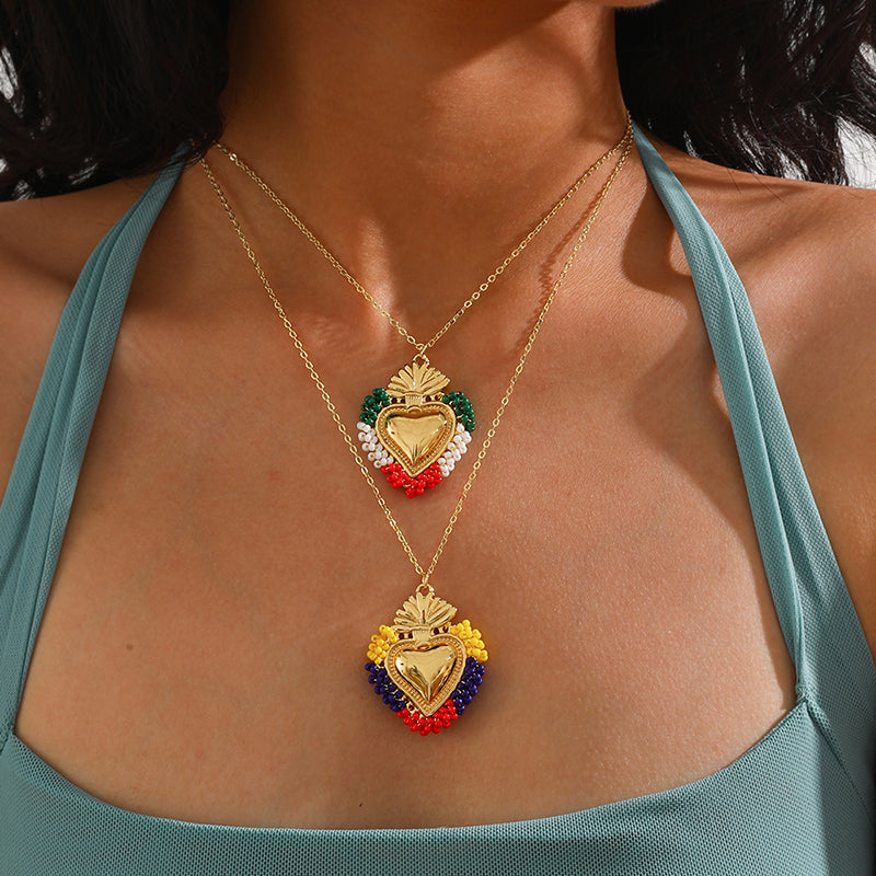 Color 1 Rice Bead Woven Heart Titanium Steel Necklace