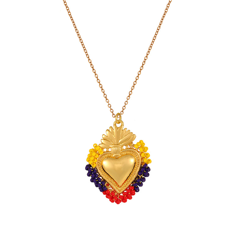 Color 1 Rice Bead Woven Heart Titanium Steel Necklace
