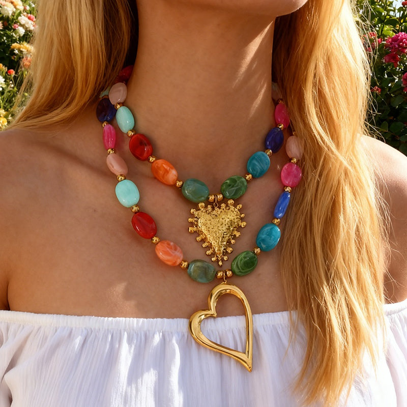 Color 1 Titanium Steel Heart-shaped Beaded Necklace