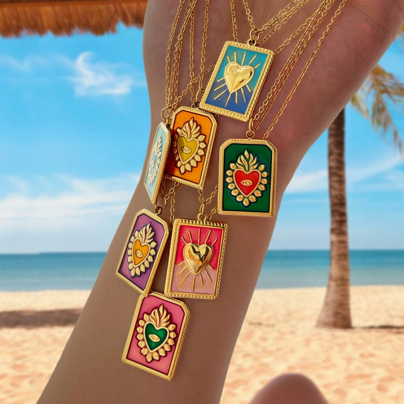 Color 1 Titanium Steel Oil Drop Heart Square Necklace