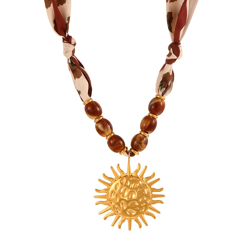 Color 1 Titanium Steel Sun Acrylic Beaded Printed Fabric Necklace