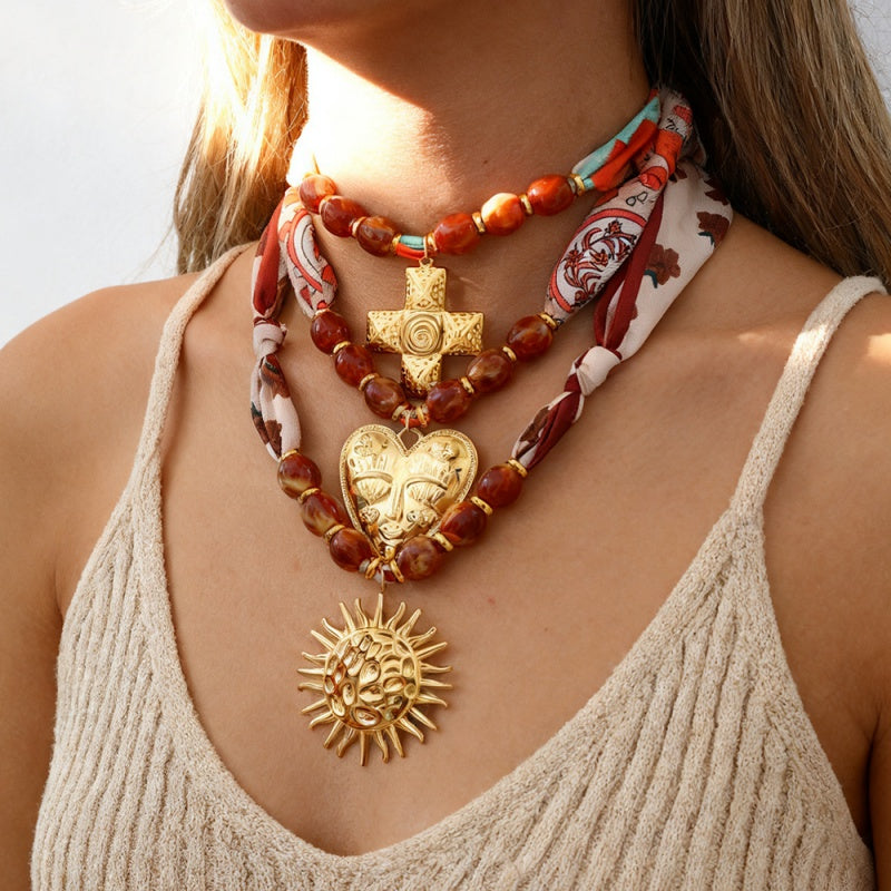 Color 1 Titanium Steel Sun Acrylic Beaded Printed Fabric Necklace