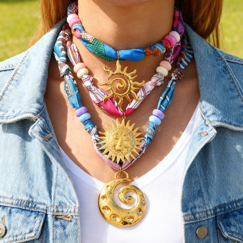 Color 1 Titanium Steel Sun Mask Print Fabric Necklace