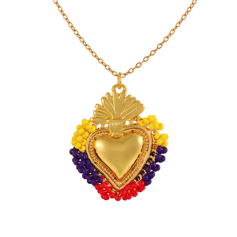 Color 10 Rice Bead Heart Titanium Steel Necklace