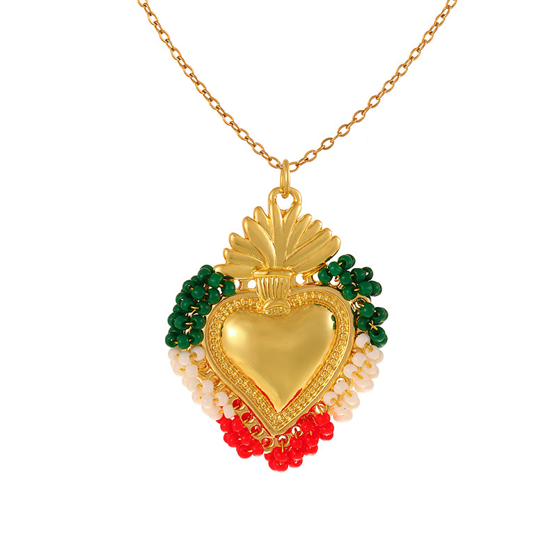 Color 10 Rice Bead Heart Titanium Steel Necklace