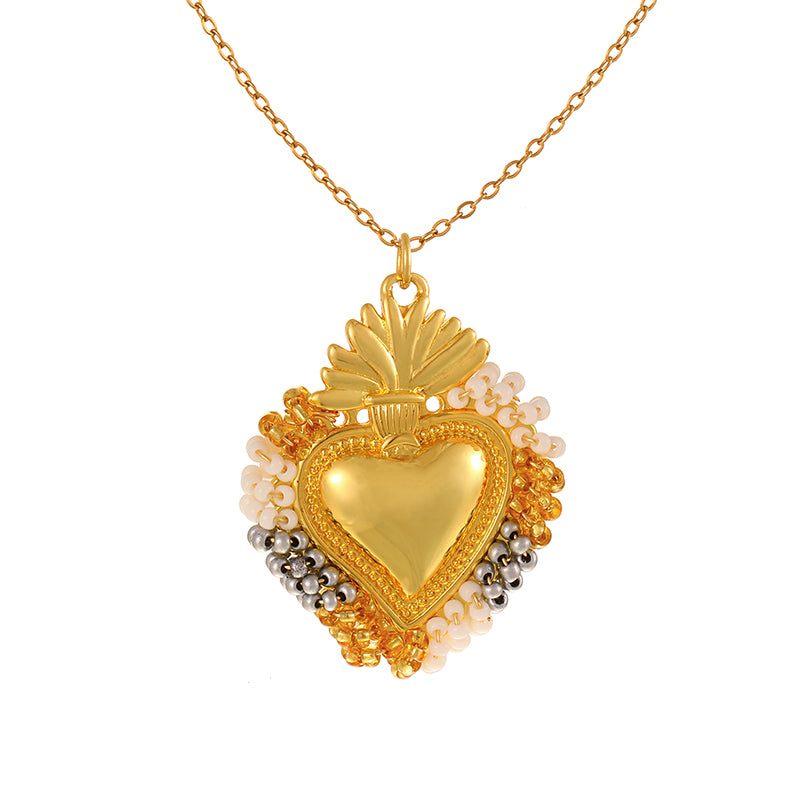 Color 10 Rice Bead Heart Titanium Steel Necklace