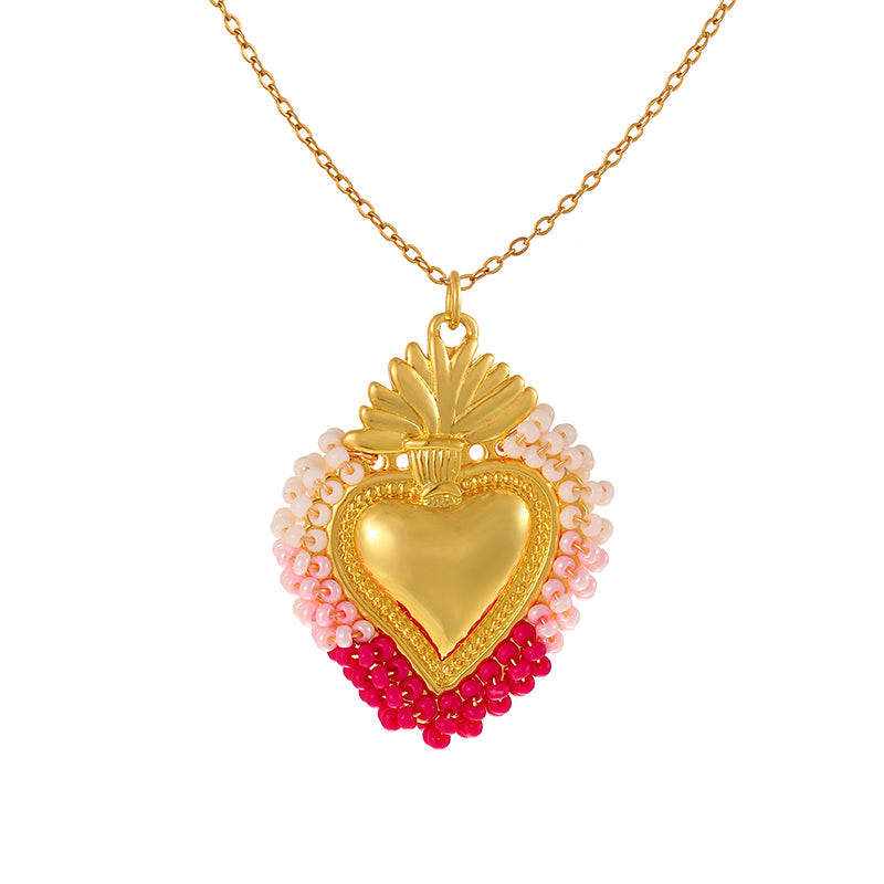 Color 10 Rice Bead Heart Titanium Steel Necklace