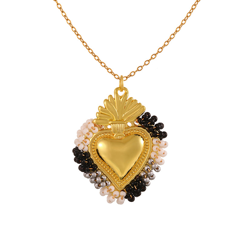 Color 10 Rice Bead Heart Titanium Steel Necklace