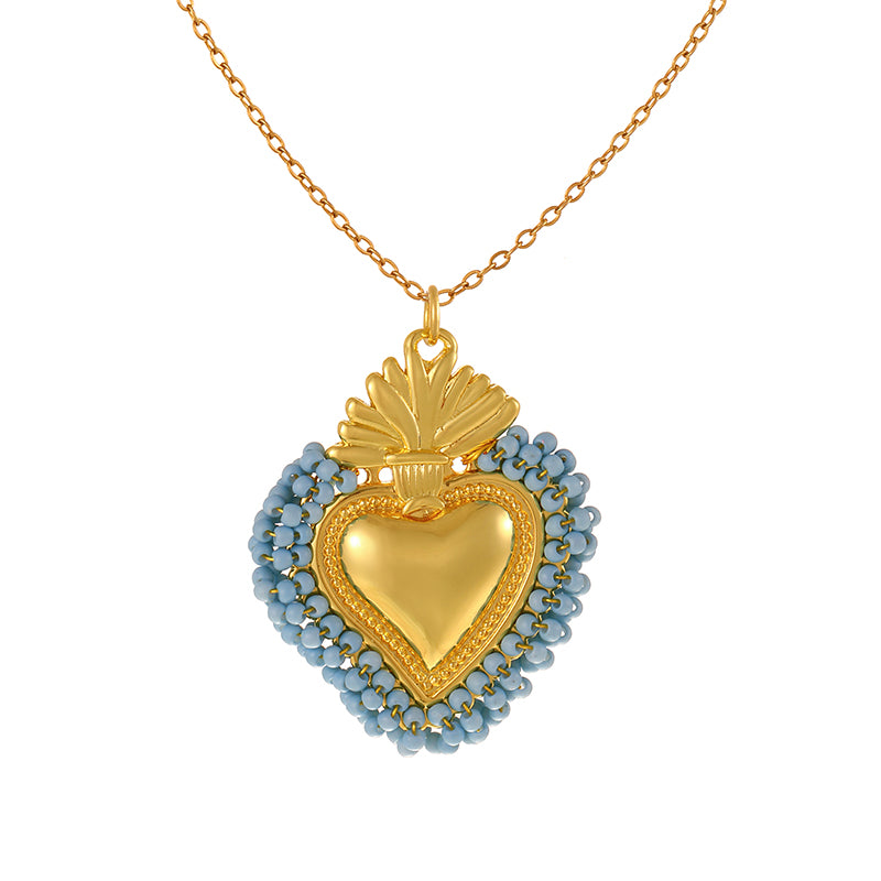 Color 10 Rice Bead Heart Titanium Steel Necklace