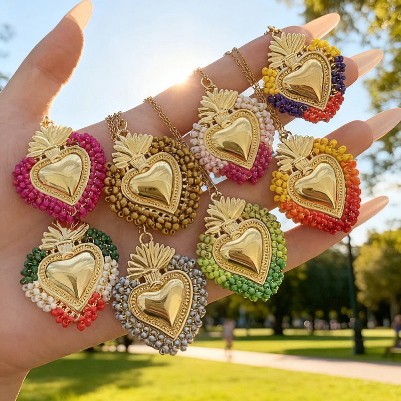 Color 10 Rice Bead Heart Titanium Steel Necklace