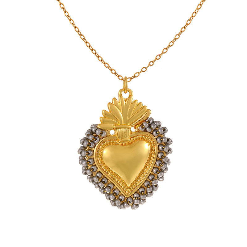 Color 10 Rice Bead Heart Titanium Steel Necklace