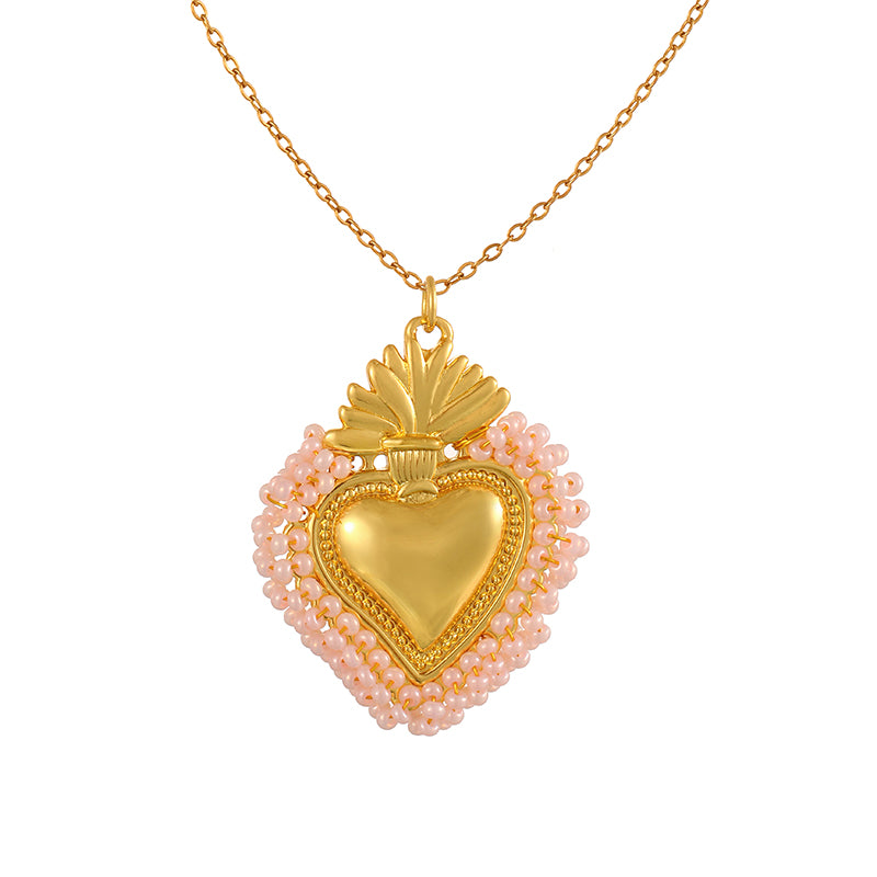 Color 10 Rice Bead Heart Titanium Steel Necklace