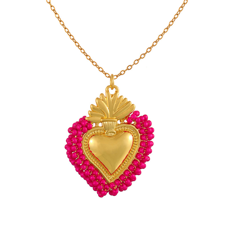 Color 10 Rice Bead Heart Titanium Steel Necklace