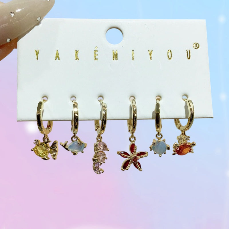 Color Copper And Zircon Ocean Series Pearl Earrings 6-piece Set