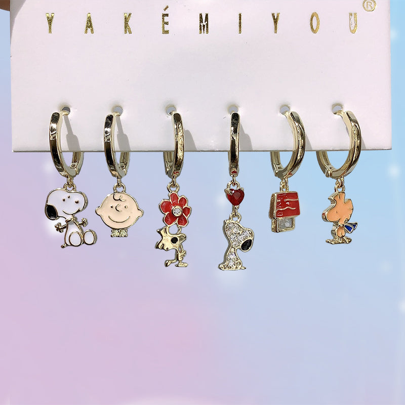 Color Copper Inlaid Zircon Oil Drop Cartoon Earrings 6-piece Set