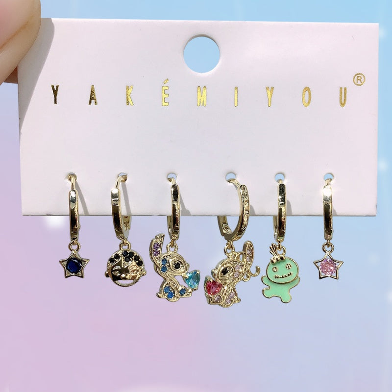 Color Copper Inlaid Zircon Oil Drop Cartoon Earrings 6-piece Set