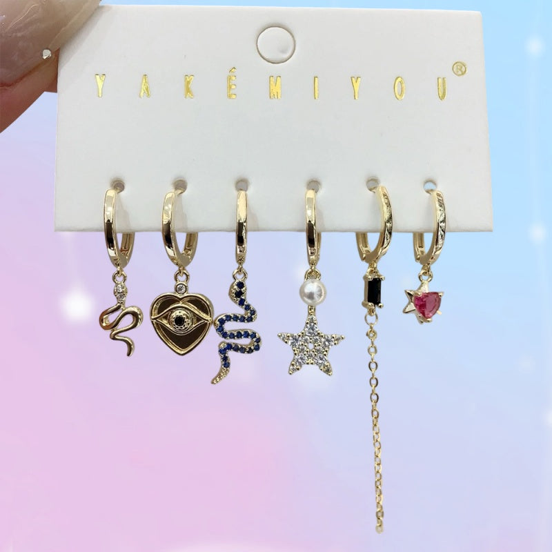 Color Copper Zircon Snake-shaped Heart Chain Earrings 6-piece Set