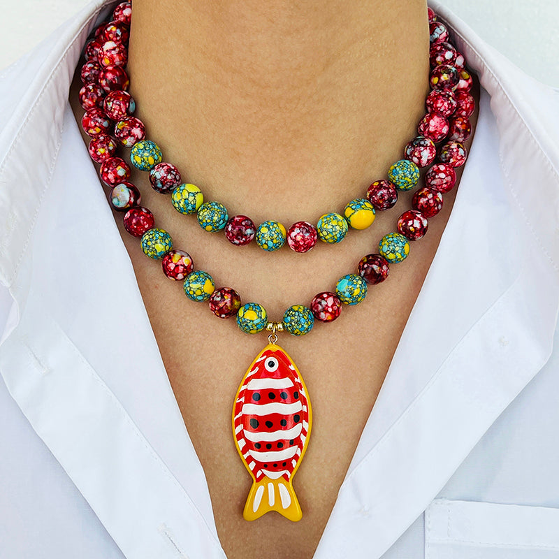 Color Resin Fish Beaded Copper Necklace