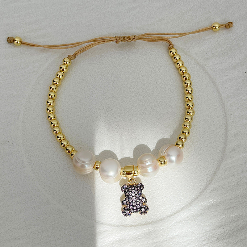 Colors Copper And Zircon-inlaid Bear Beaded Freshwater Pearl Braided Bracelet