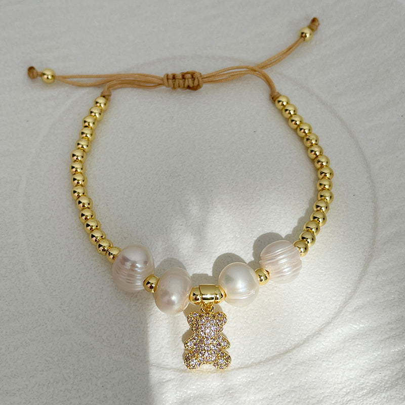 Colors Copper And Zircon-inlaid Bear Beaded Freshwater Pearl Braided Bracelet