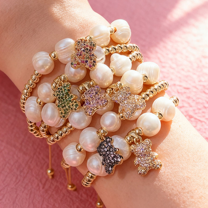 Colors Copper And Zircon-inlaid Bear Beaded Freshwater Pearl Braided Bracelet