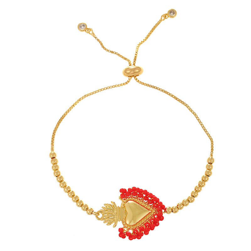 Dark Blue Copper Gold-plated Rice Beads Wrapped Around A Heart-shaped Pull-out Bracelet (3mm)