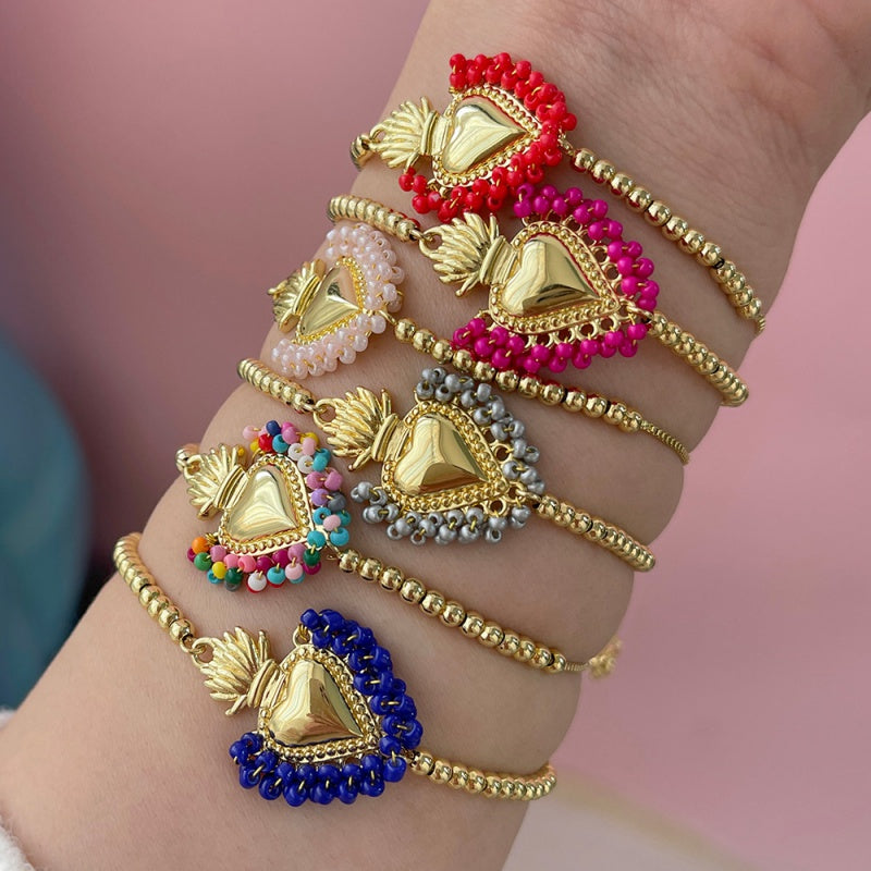 Dark Blue Copper Gold-plated Rice Beads Wrapped Around A Heart-shaped Pull-out Bracelet (3mm)