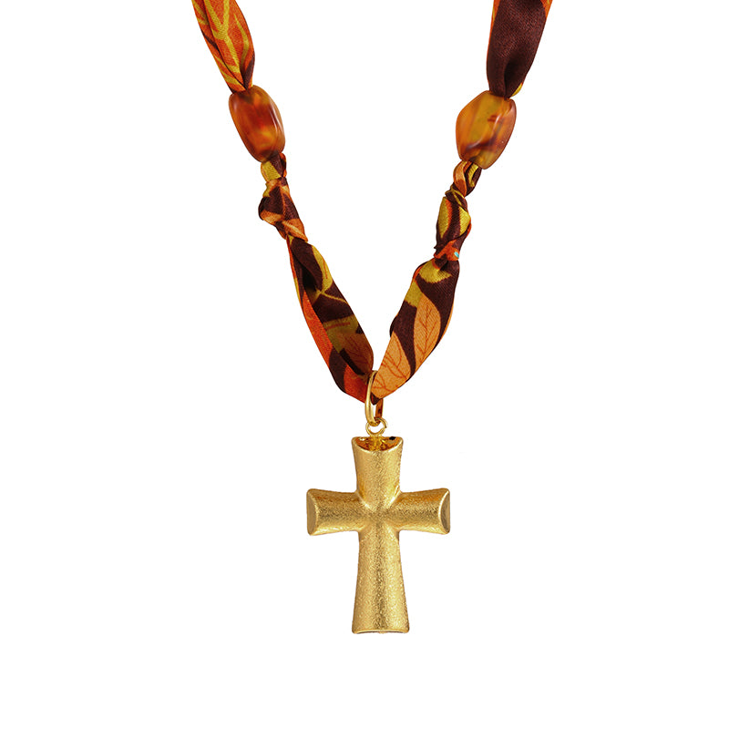 Dark Blue Heart Copper Print Fabric Necklace