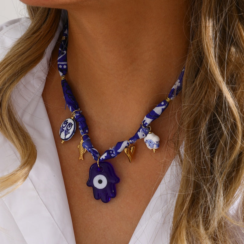 Dark Blue Palm Eye Titanium Steel Fish Ceramic Print Fabric Necklace